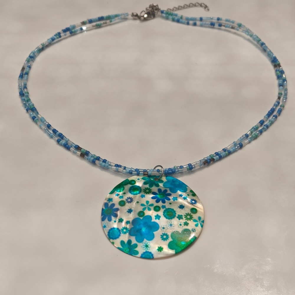 Blue Floral Round Shell Large Pendant Necklace Double Strand Seed Bead Boho Y2K